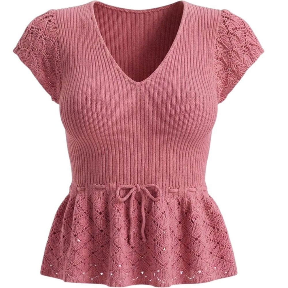 VTG Y2K Say What? Sweater Top Womens M Pink Short Sleeve Ribbed BOHO